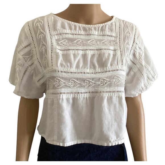 Free People Tops - Free People White Cropped Blouse Eyelet Lace Embroidery Shabby Chic Boho XS